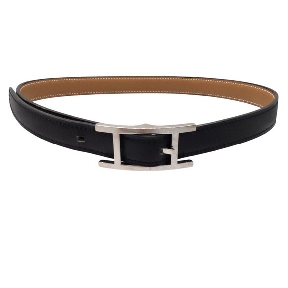 Hermes Accessories - Hermès Black / Silver Signature H Buckle Thin Leather Belt